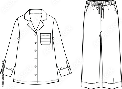 Pajama top and pants fashion flat sketch, long sleeve sleepwear technical drawing, loungewear outfit design template for apparel production