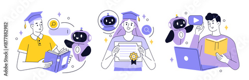 AI technology in future of education set. Robot assist students by lesson. Artificial intelligence assistant help study, gain knowledge, develop new skills. Vector outline illustration.