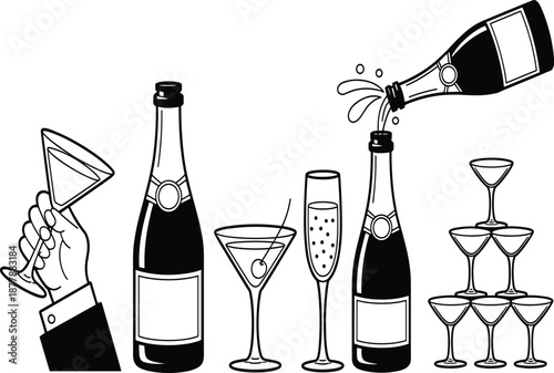 Champagne and Cocktail Party Line Illustration Set Featuring Bottles, Glasses, Toasting Hand and Celebration Drinks for Events, Luxury and Festive Design Vector