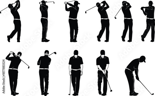 Golf player silhouette set, golfer swing poses, putting stance, black vector illustration, sports action sequence, isolated on white background