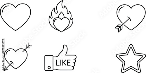Collection of simple black outline icons representing user engagement symbols like hearts likes and favorite stars for digital interfaces