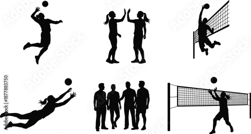 Volleyball player silhouette set, jumping smash, block and serve actions, team celebration poses, sports vector illustration, isolated on white background