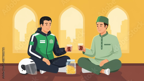 Muslim man sharing iftar drink with delivery driver