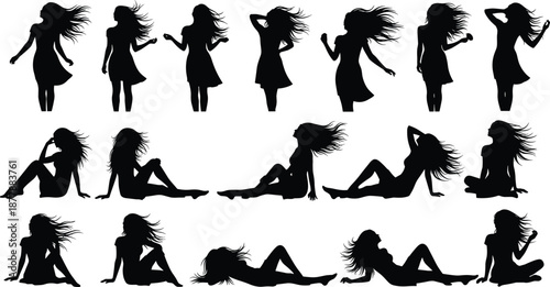 Woman silhouette pose set, dancing and sitting positions, flowing hair, fashion model illustration, female body movement, isolated on white background