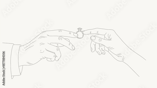 Two hands carefully present a diamond engagement ring in a minimalist line art illustration symbolizing a momentous proposal or commitment between partners.
