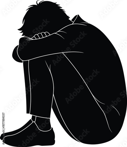 Silhouette of a depressed man hugging his knees sitting alone in despair with head down in minimalist black and white illustration for mental health awareness campaigns and social issues presentations
