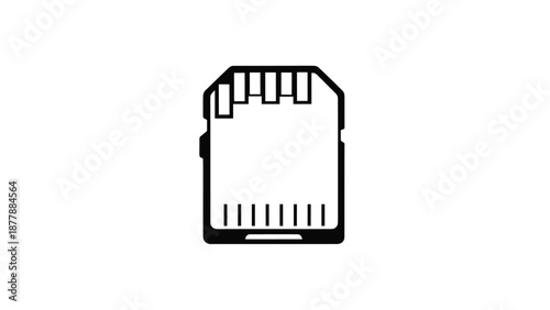 Black and white icon of a standard SD memory card, a portable digital storage device used in cameras, computers, and electronics.