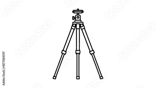 Line art illustration of a camera tripod with a mounting head, used for stabilizing photography and videography equipment.