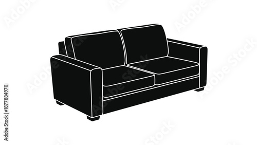 Solid black silhouette of a two-seater sofa or loveseat, representing furniture, home decor, comfort, and a living room setting.
