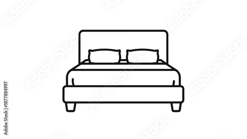 Minimalist black outline of a double bed with two pillows, representing a bedroom, rest, sleep, and home furniture or hospitality.
