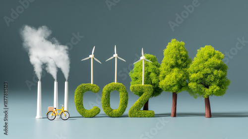 CO2 emission reduction concept. green CO2 emission symbol representing carbon footprint awareness, net zero and carbon neutrality. Climate change, Global warming, Greenhouse gas,