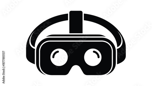 Solid black icon of a virtual reality headset with large lenses and a head strap, representing VR, immersive experience, and gaming.