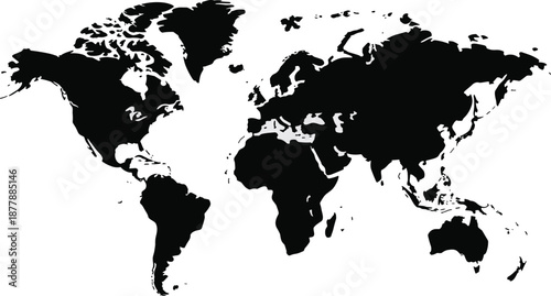 Detailed black world map illustration showing continents for geographic education and global business presentation material international cartography resource for travel planning and worldwide communi