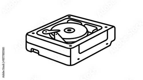 Isometric black outline illustration of an open hard disk drive, showing the internal platter and actuator arm for data storage.