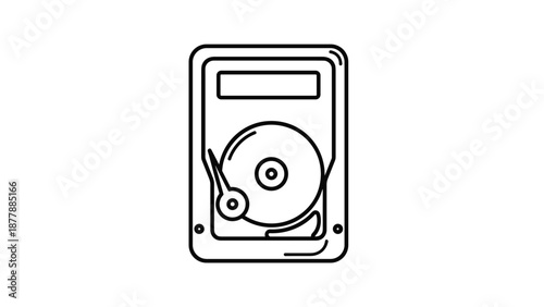 Top-down line art of an internal computer hard drive with the cover off, revealing the magnetic disk and read-write head.