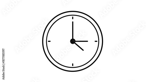 Minimalist black outline of a simple, round wall clock without numbers, indicating time, schedule, and the passing of moments.