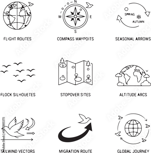  Bird migration path line icons flight routes, compass waypoints, seasonal arrows, flock silhouettes, stopover sites, altitude arcs, tailwind vectors