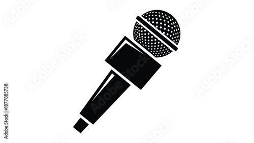 Solid black silhouette icon of a handheld dynamic microphone, representing voice, audio recording, broadcasting, and public speaking.