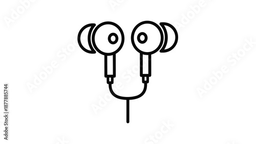 Simple black outline icon of a pair of wired in-ear headphones or earbuds for listening to music, podcasts, and audio privately.