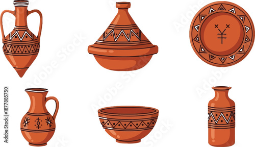 Collection of North African clay pottery including tagine pitchers bowls and decorative terracotta plates