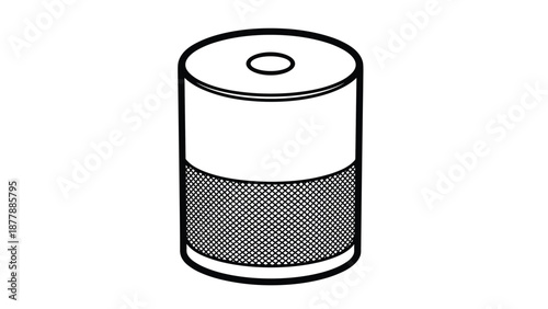 Isometric line art illustration of a smart home assistant speaker, a voice-controlled device for music, information, and automation.