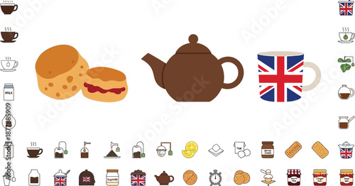 Collection of traditional british tea time elements including scones teapot british flag mug and various tea icons