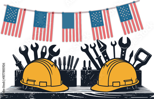 Labor Day hard hats tools American flags bunting graphic