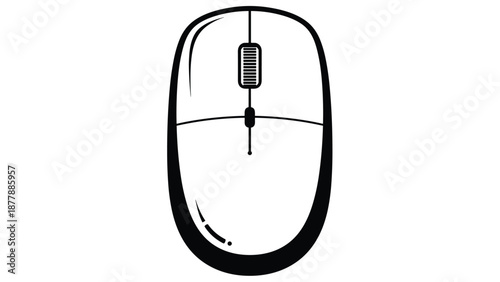Top-down view of a wireless computer mouse in a black and white line art style, a standard peripheral for desktop navigation.