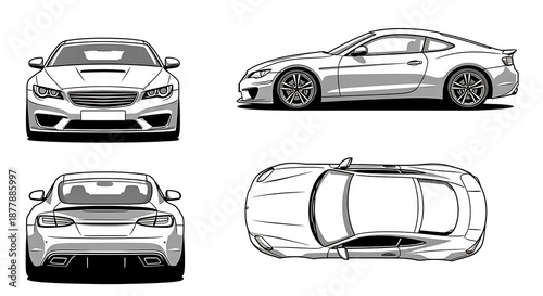 Generic Modern Sport Car Technical Blueprint, Four View Vector Illustration of a Coupe with Front Side Rear and Top Perspective Isolated on White