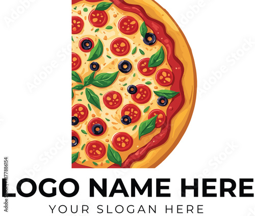 Pizza logo vector with half-circle slice forming letter D, topped with pepperoni, olives, basil, and cheese