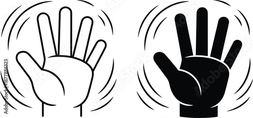 Waving hand open palm gesture in black and white outline style simple vector illustration friendly greeting or goodbye concept for graphic design user interface element social media communication and