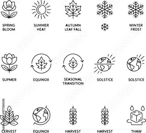 Seasonal nature line icons spring bloom, summer heat, autumn leaf fall, winter frost, seasonal transition, equinox, solstice, harvest, thaw.