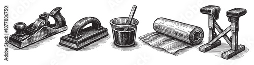 Engraved style illustration depicting woodworking tools: a plane, clamp, paint cup with brush and sawhorses, ideal for backgrounds or design elements.