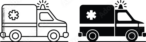 Emergency ambulance vehicle icon outline and glyph in monochrome design responding to medical crisis for healthcare professionals and urgent care services transportation vector illustration in simple