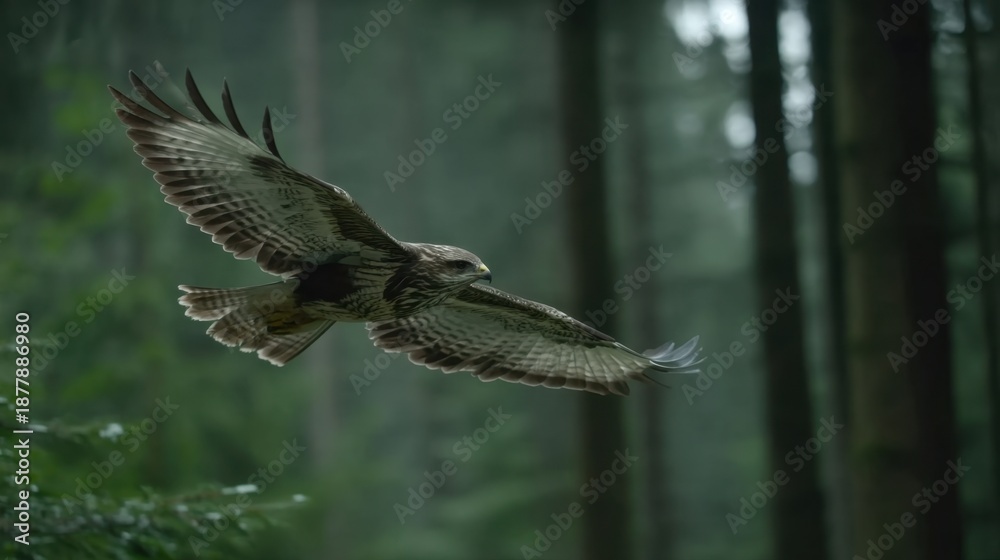 Obraz premium Majestic Hawk Flying Through Dense Green Forest with Spread Wings in Serene Natural Landscape