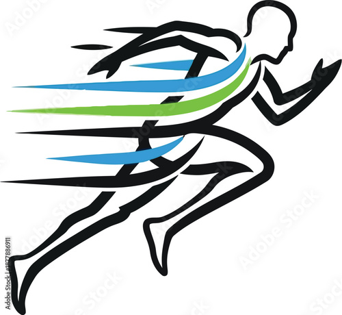 Stylized black outline of an athlete vigorously sprinting forward represented by dynamic blue and green speed streaks illustrating motion and fast progress for sports branding concepts