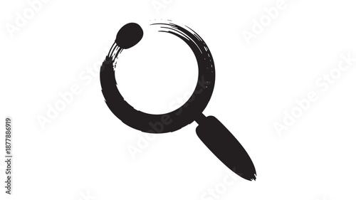 A black brush stroke forming a circular shape with a small oval and a pointed oval extension, creating a unique artistic symbol or logo
