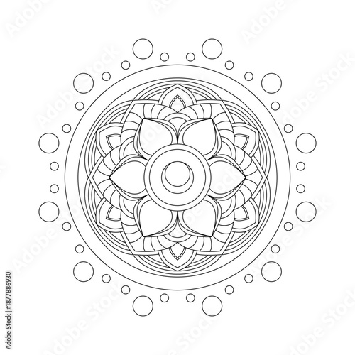 Spiritual Sacral Chakra (Svadhisthana) mandala vector. Six-petaled lotus with water bubbles. Clean black line art for creativity healing, elderly coloring, and wellness logo.