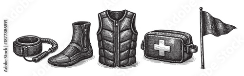 Detailed engraving-style vector illustration of outdoor essentials including a cup, boot, vest, first aid kit, and flag, ideal for adventure or survival themed designs.