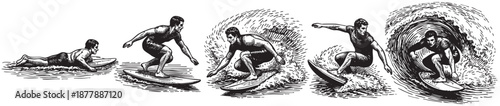 An etching shows the progression of a surfer learning to ride a wave, from paddling out to riding a barrel in black and white.