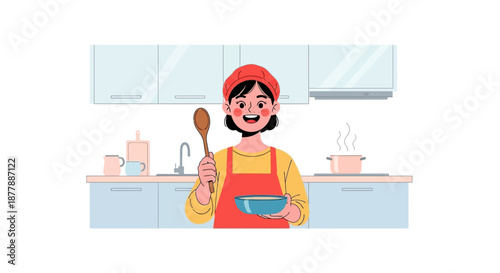 Young female chef holding a bowl and spoon in the kitchen