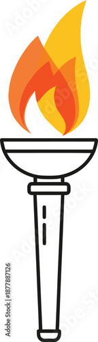 Simple line art illustration of a flaming Olympic torch representing a traditional symbol of victory passion unity and the enduring spirit of athletic competition in sports events globally