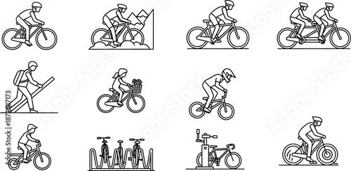 Collection of black and white line art icons illustrating various cycling activities including mountain biking touring tandem riding and bicycle maintenance equipment