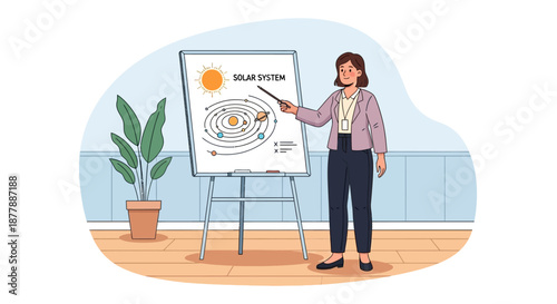 Female teacher explaining solar system to students