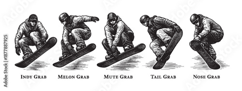 Five engraved snowboarders performing different grabs (Indy, Melon, Mute, Tail, Nose) ideal for winter sports, recreation, and instructional illustrations.
