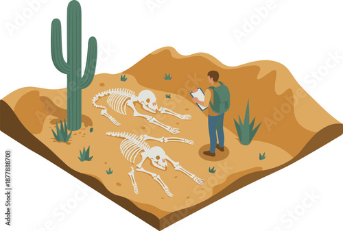 Isometric desert exploration scene with cactus, animal skeletons, researcher studying remains, arid landscape, survival concept, 3D illustration