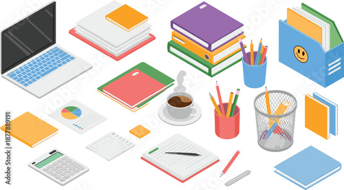 Isometric office and study workspace illustration with laptop, books, notebooks, stationery items, coffee cup, productivity tools, modern work concept