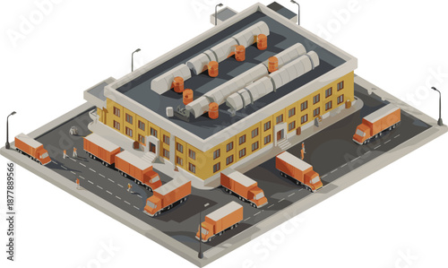 Isometric warehouse logistics illustration with factory building, delivery trucks, loading docks, supply chain operations, distribution center, industrial transport concept