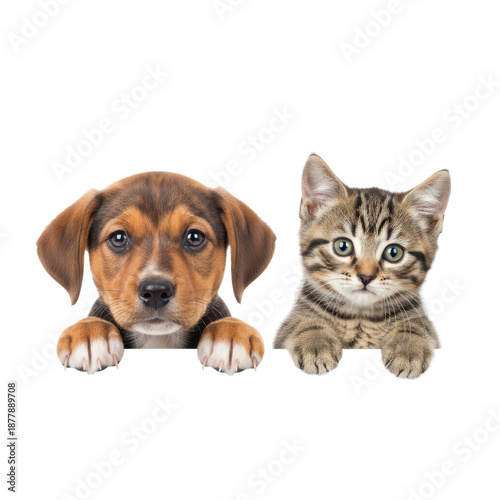Curious puppy and kitten together isolated on transparent background