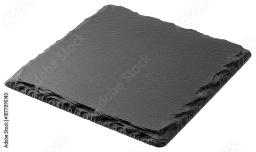 Square black slate stone plate board with rough textured edges surface on a transparent background